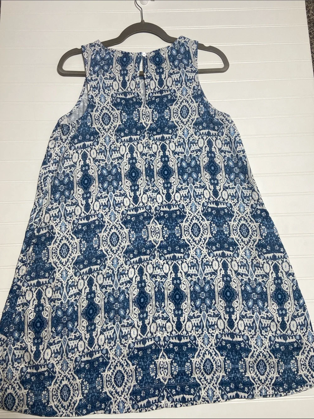 Rachel Zoe 100% Linen Trapeze Dress size M Blue White Geometric Print‎ Pockets